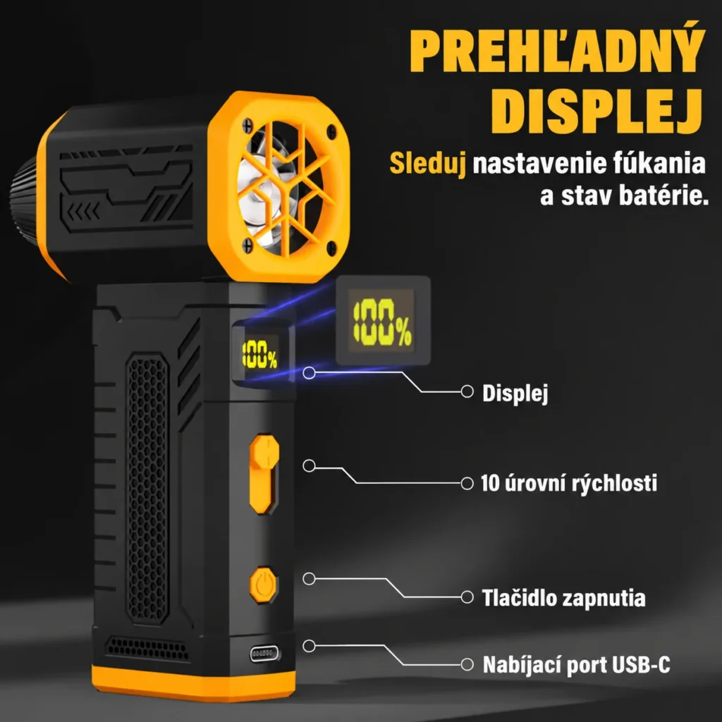 Displej, regulácia rýchlosti a nabíjací port USB-C ofukovača FOURSUN