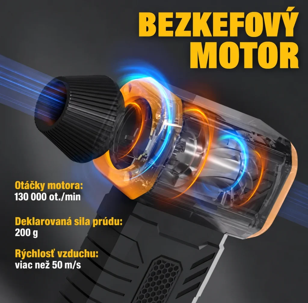 Ilustrácia bezkefového motora ofukovača s deklarovanými otáčkami 130 000 za minútu