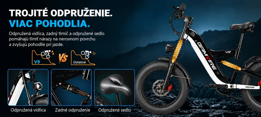 Predná vidlica, zadný tlmič a odpružené sedlo GAMVIRE V9
