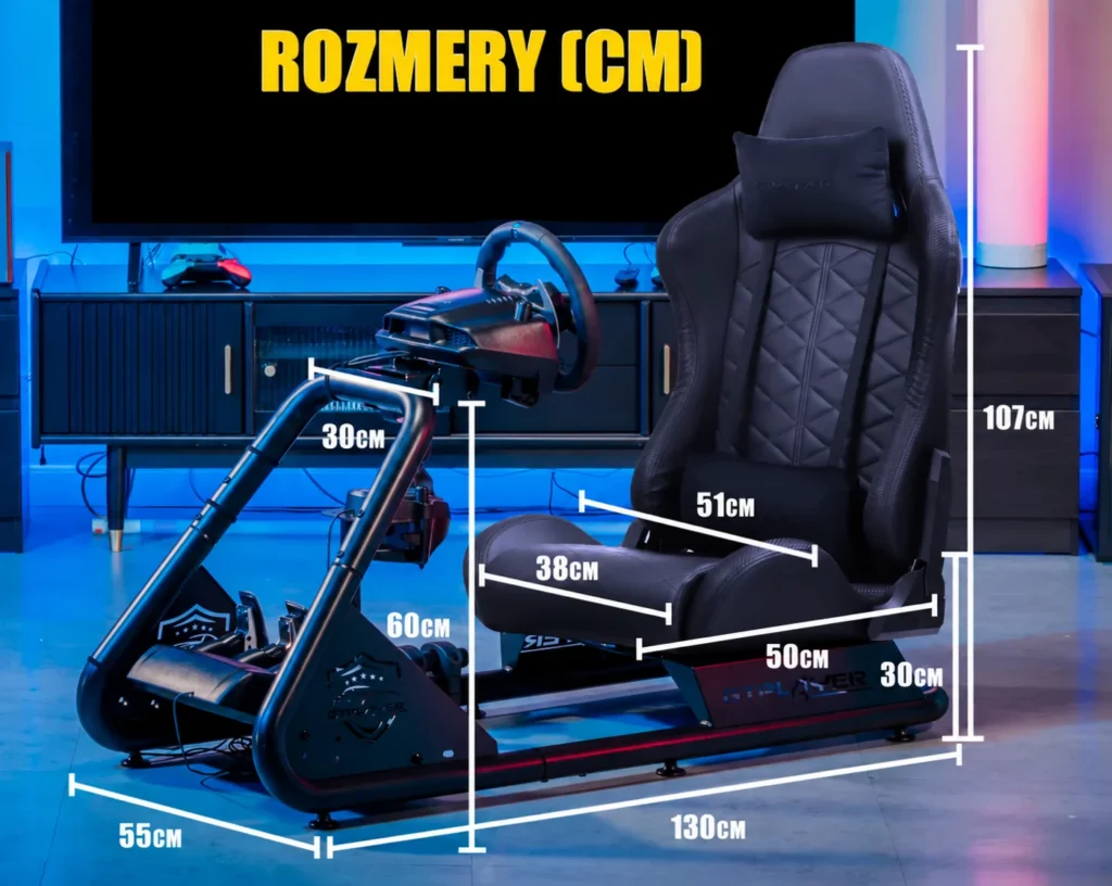 Rozmerová grafika kokpitu GTPLAYER s dĺžkou 130 cm, šírkou 55 cm a výškou 107 cm.