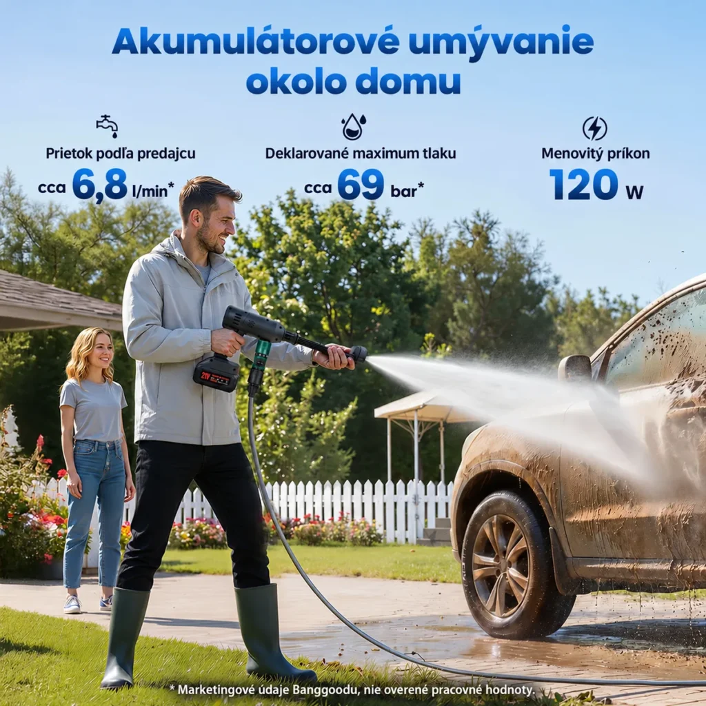 Čistič Hcalory E1 pri umývaní auta s deklarovaným maximom približne 69 barov podľa Banggoodu.