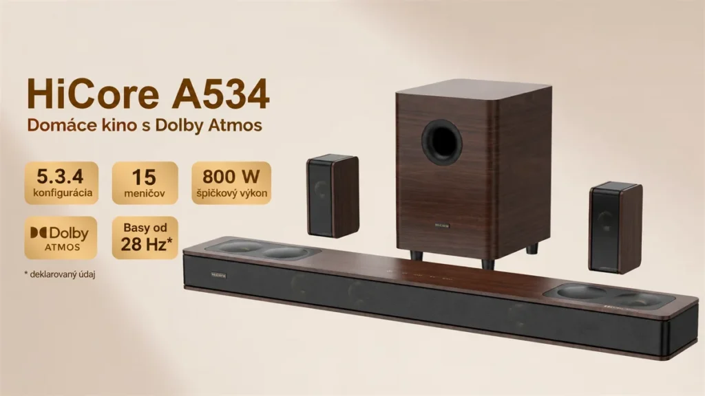 Drevená zostava Hiwill-Audio HiCore A534 so soundbarom, subwooferom a dvoma zadnými reproduktormi.