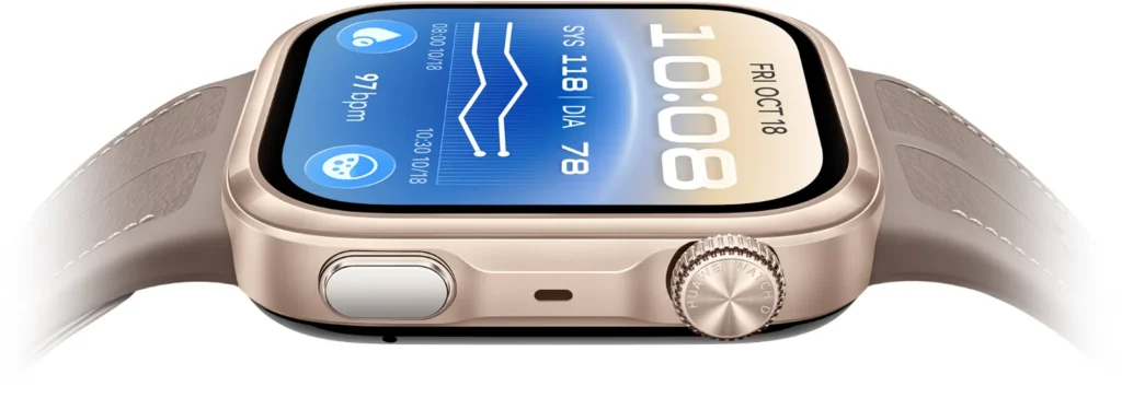 Bočný pohľad na Huawei Watch D3 s otočnou korunkou a funkčným tlačidlom