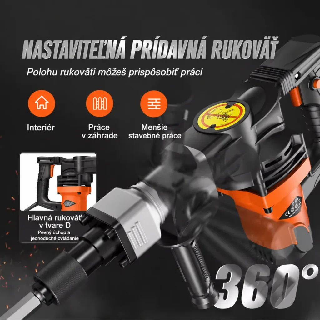 Detail prídavnej rukoväti búracieho kladiva nastaviteľnej v rozsahu 360 stupňov