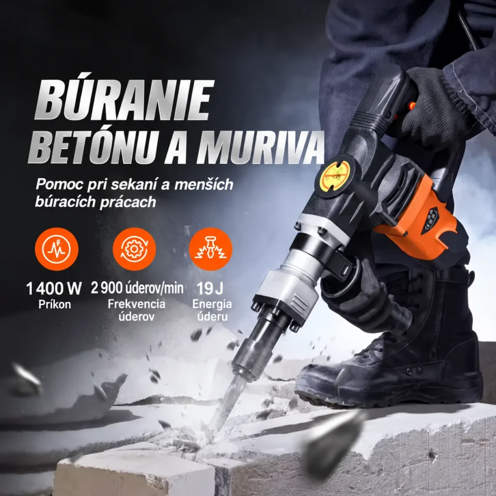 Búracie kladivo s príkonom 1 400 W, frekvenciou 2 900 úderov za minútu a energiou 19 J