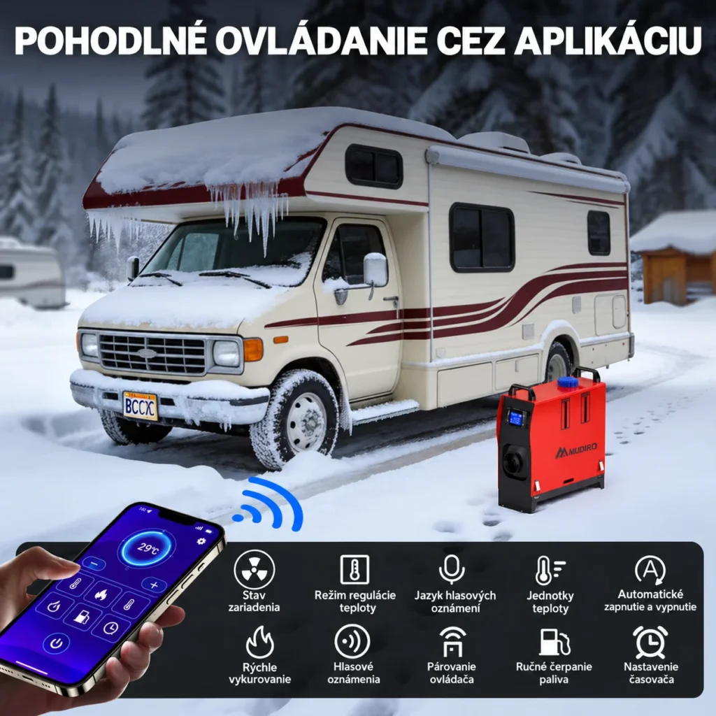 Funkcie aplikácie na ovládanie naftového kúrenia vrátane teploty a časovača
