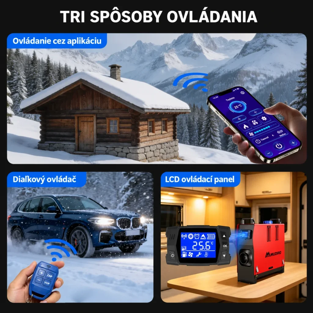 Ovládanie naftového kúrenia aplikáciou, diaľkovým ovládačom a LCD panelom