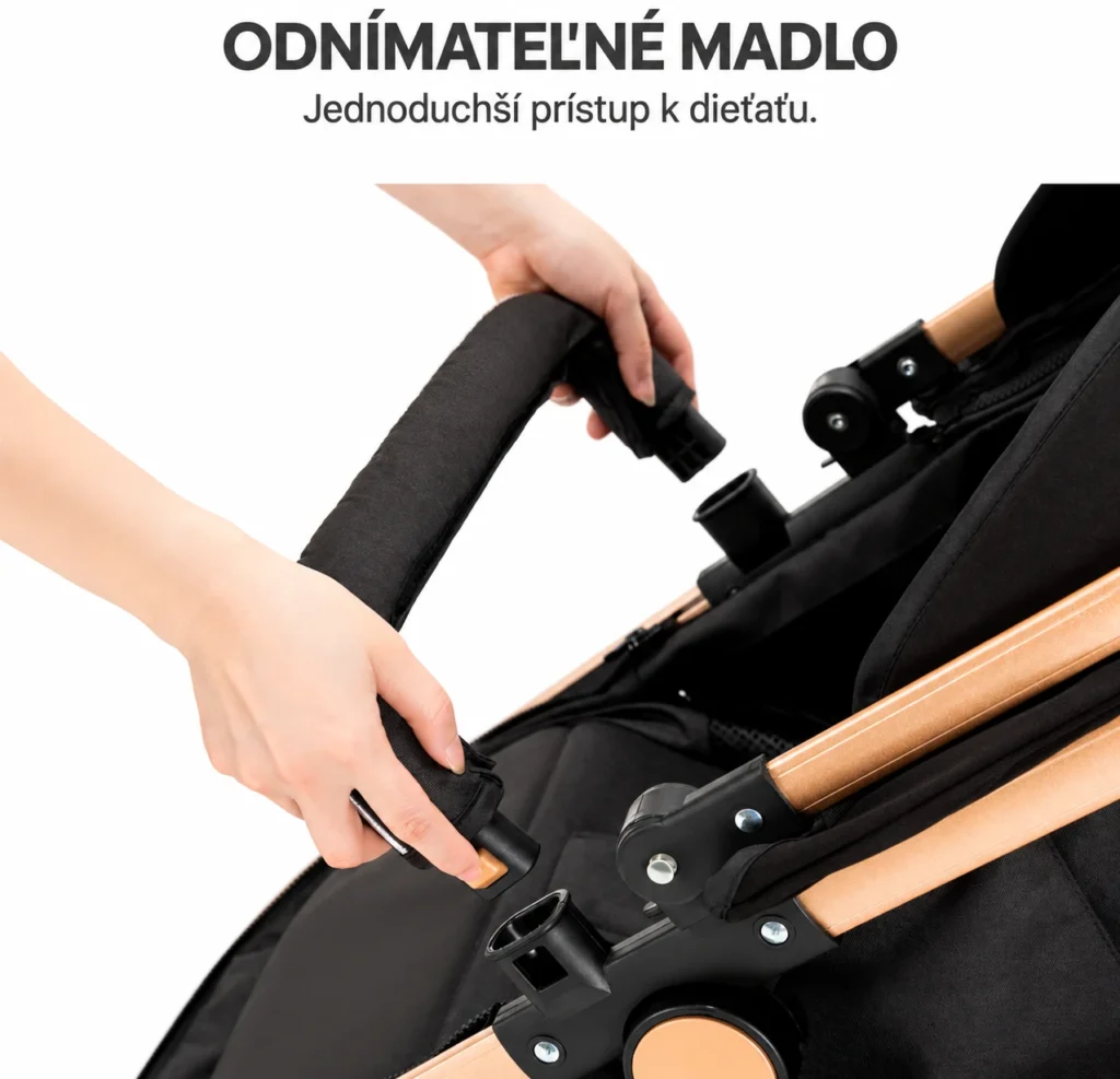 Odnímateľné madlo kočíka a detail jeho uchytenia