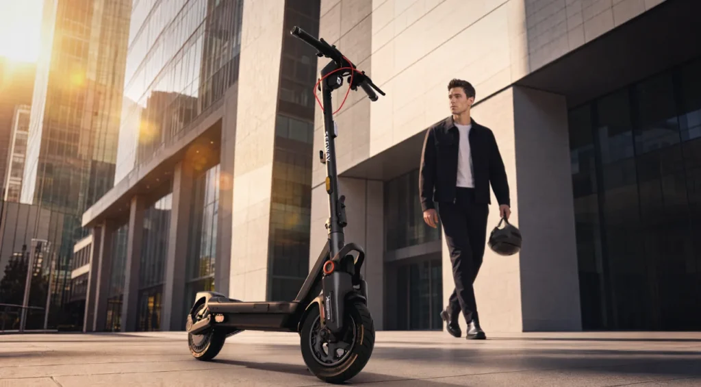 Čierna elektrická kolobežka Segway MAX G3 Pro pred modernou budovou