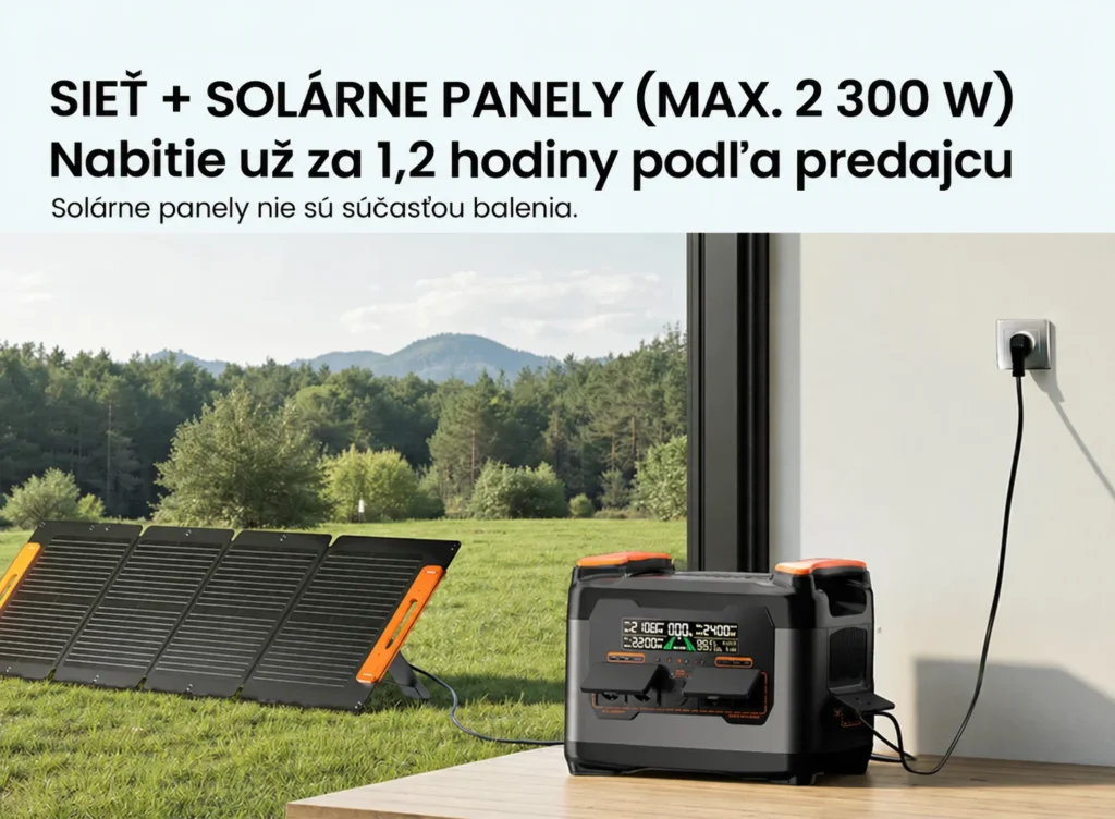 Nabíjanie NECESPOW S2400 zo siete a solárnych panelovKombinované nabíjanie zo zásuvky a kompatibilných panelov, ktoré sa kupujú samostatne.