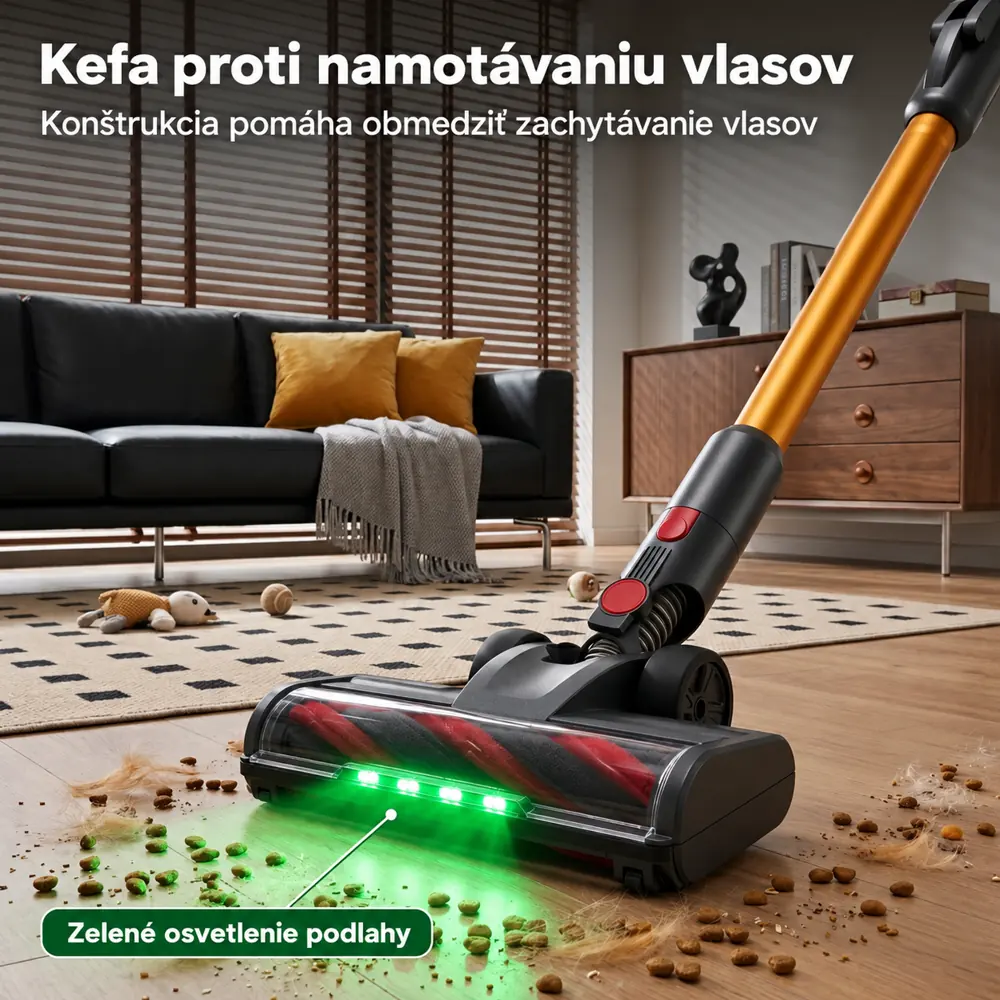 Podlahová hubica NovuLife V22 so zeleným osvetlením a kefou proti namotávaniu vlasov.