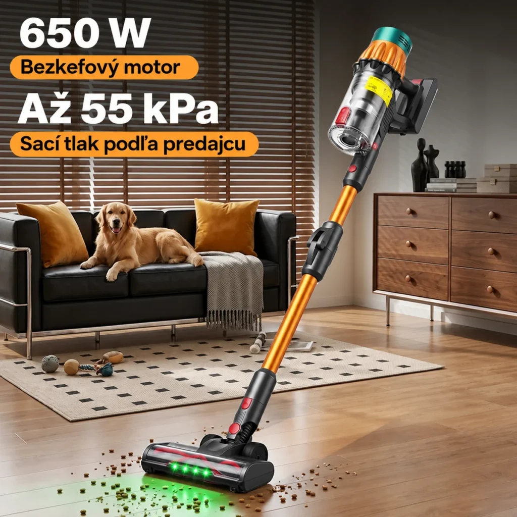 Tyčový vysávač NovuLife V22 v obývačke s údajmi 650 W a až 55 kPa.