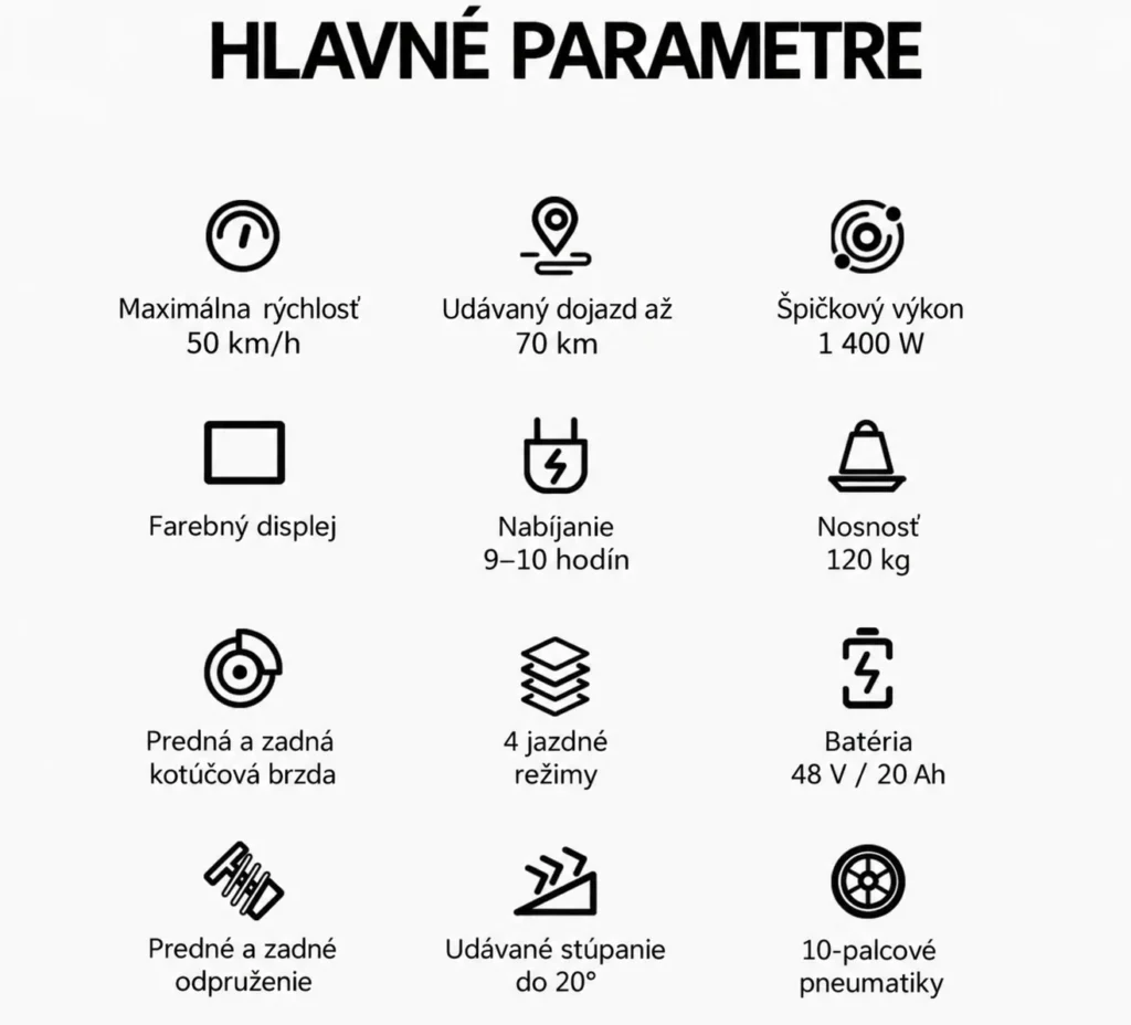 Prehľad parametrov OOTD SR1 s batériou 48 V 20 Ah