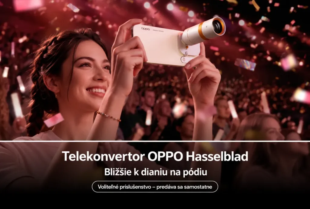 Žena fotografuje na koncerte telefónom OPPO s voliteľným telekonvertorom.