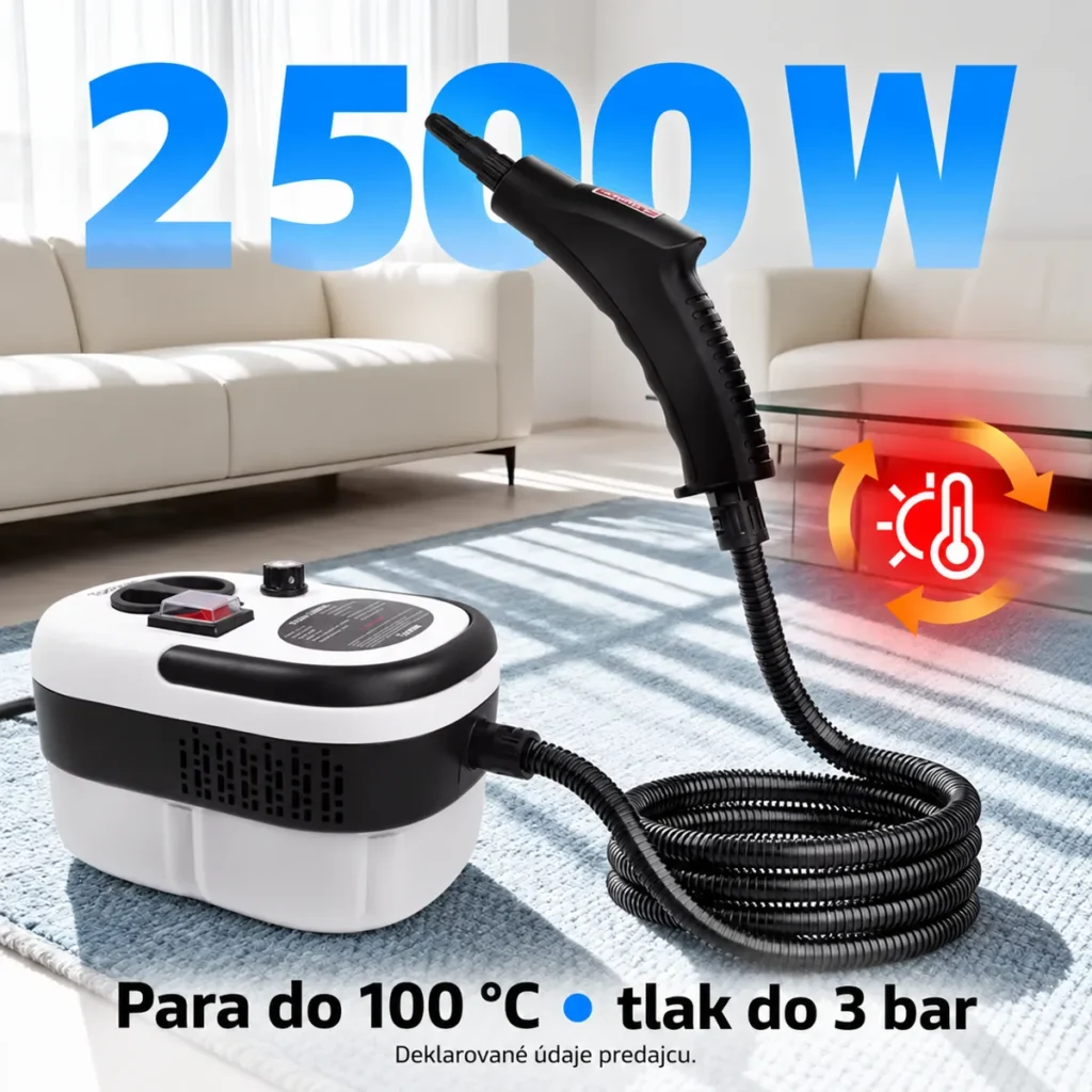 Predajca uvádza príkon 2 500 W, paru do 100 °C a tlak do 3 bar.