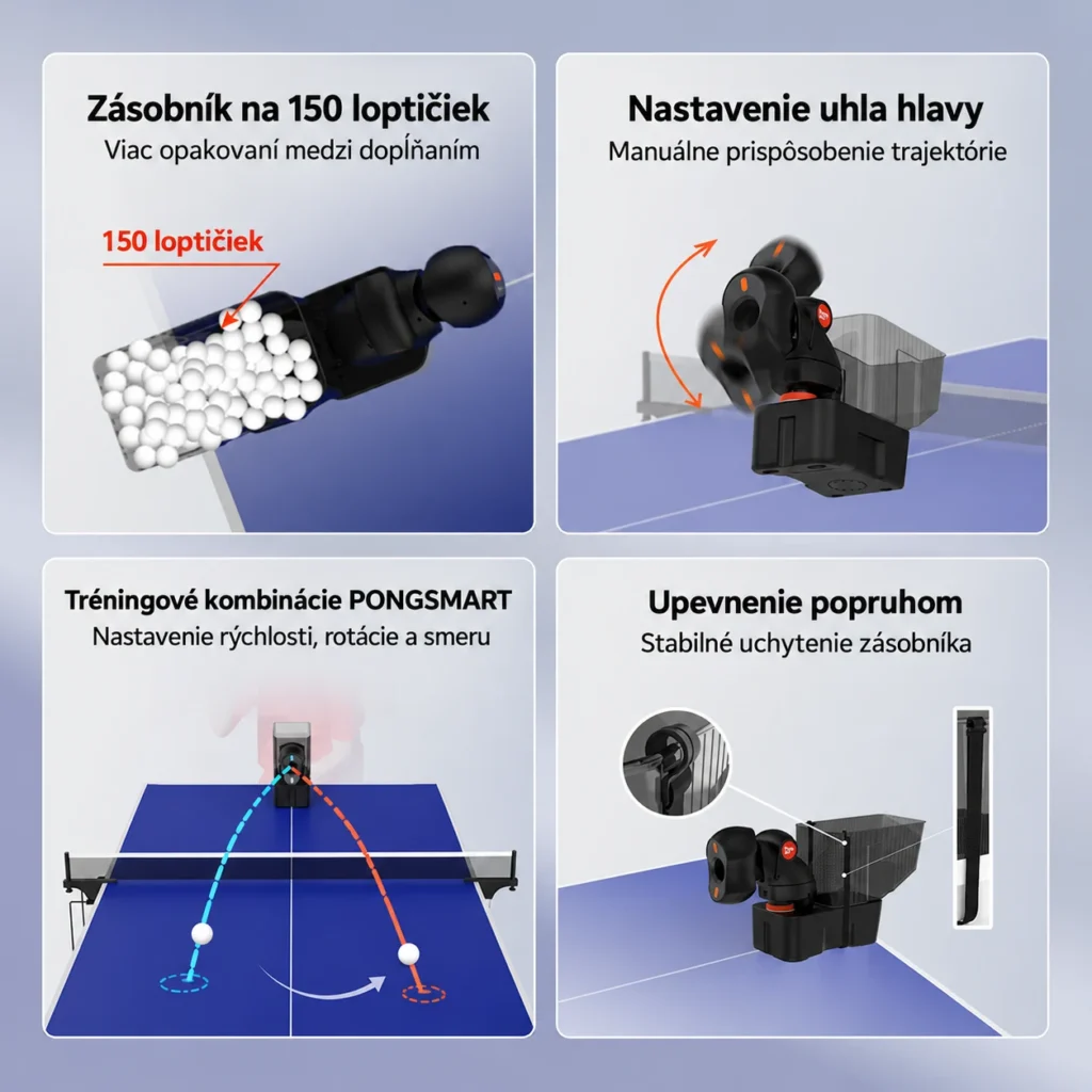 Prehľad zásobníka na 150 loptičiek, manuálneho nastavenia hlavy a upevnenia