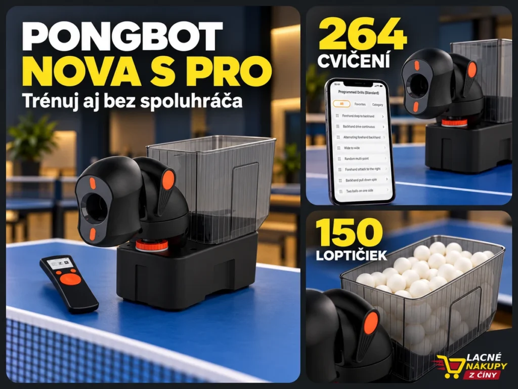 PONGBOT Nova S Pro v dlaždicovom prehľade s tréningovými cvičeniami a zásobníkom