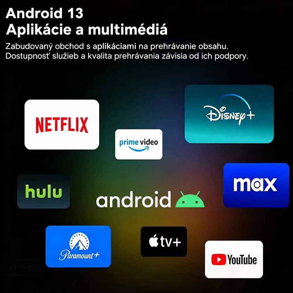 Propagačná grafika Androidu 13 s logami streamovacích služieb