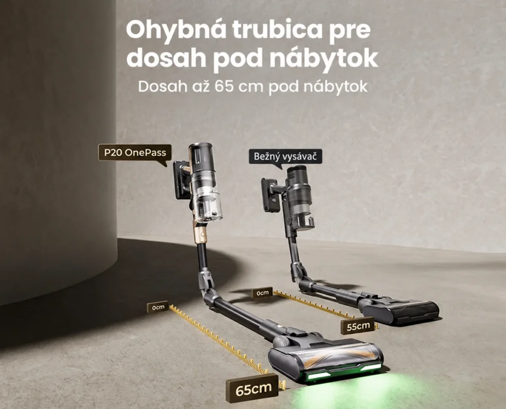 Ohybná trubica vysávača Proscenic P20 OnePass pri vysávaní pod nábytkom