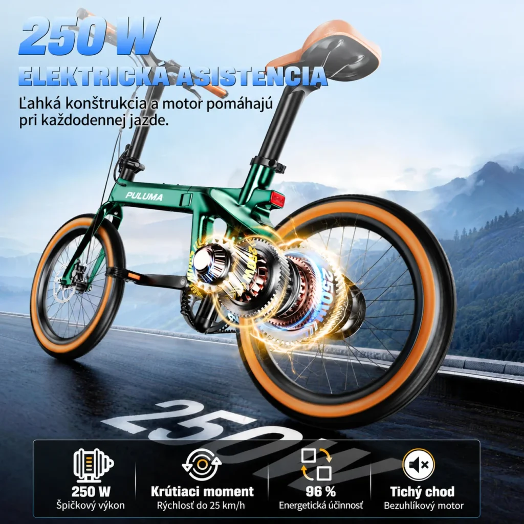 Ilustrácia motora PULUMA PT20 s údajom 250 W a slovenskými popismi.