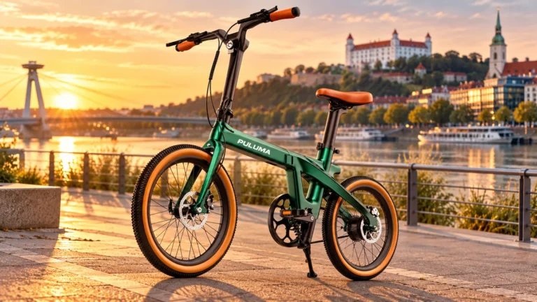 Zelený elektrobicykel PULUMA PT20 pri Dunaji s Bratislavským hradom v pozadí.