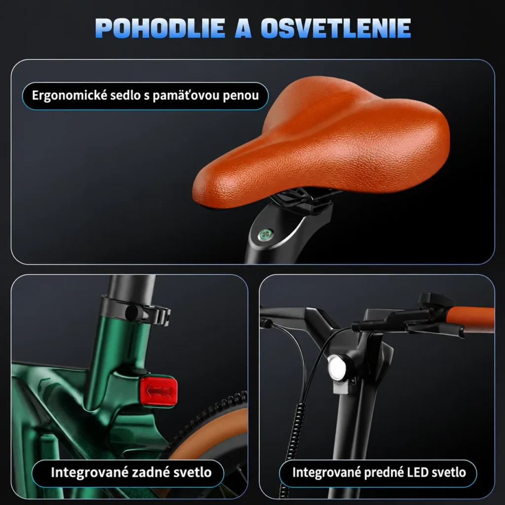 Detaily hnedého sedla, zadného svetla a predného LED svetla PULUMA PT20.