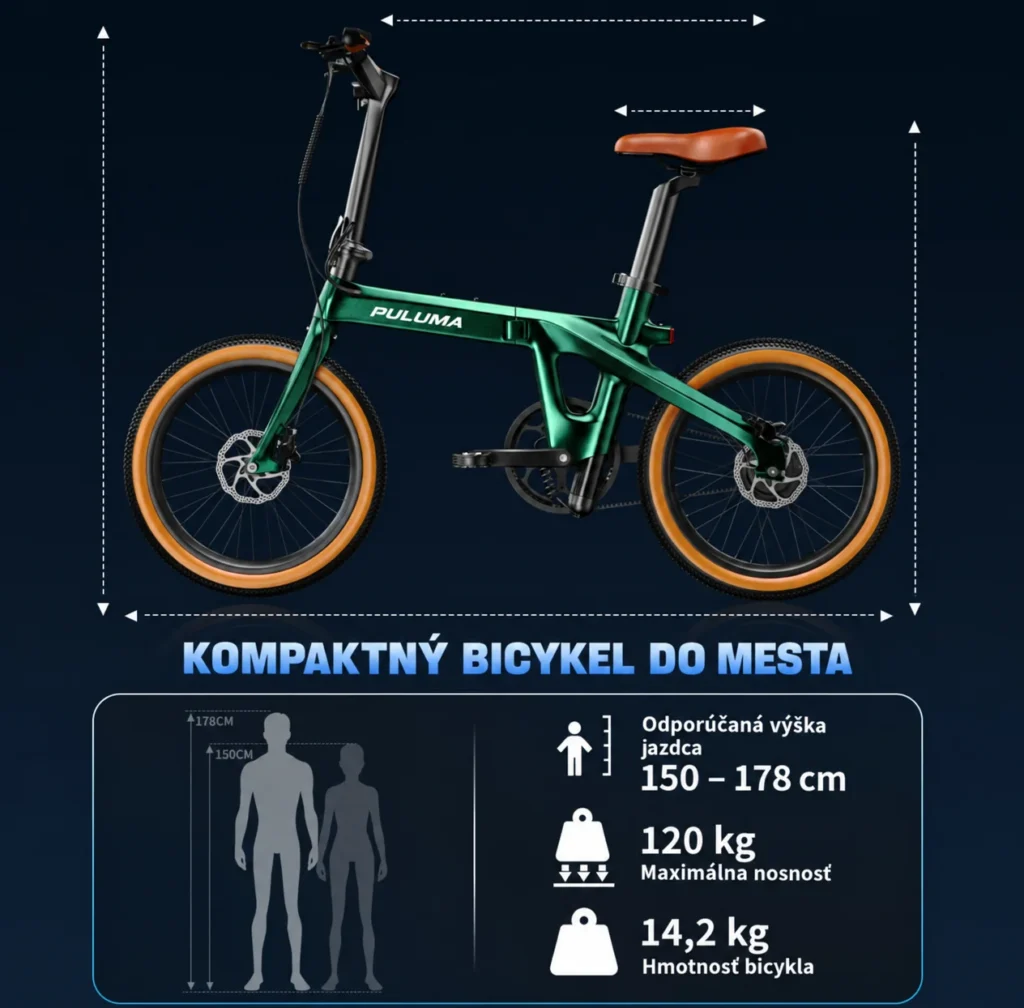PULUMA PT20 s údajmi o výške jazdca 150–178 cm, nosnosti 120 kg a hmotnosti 14,2 kg.