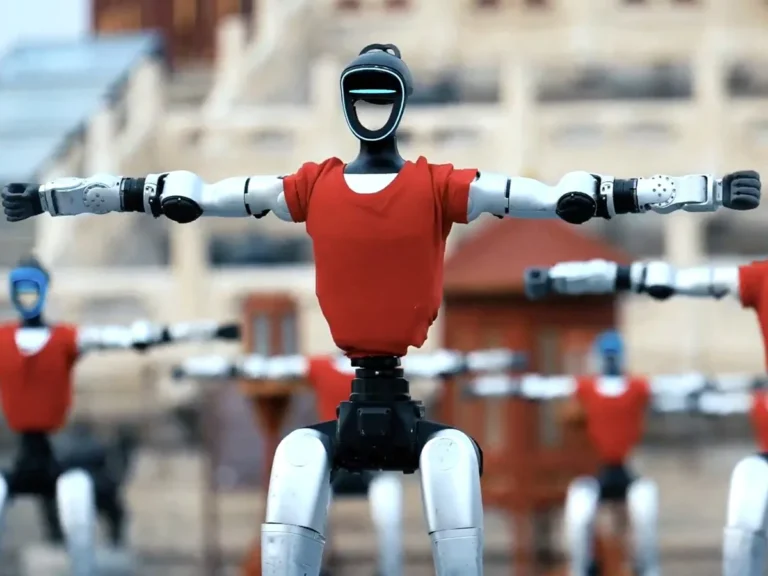 Humanoidné roboty Unitree počas choreografického vystúpenia