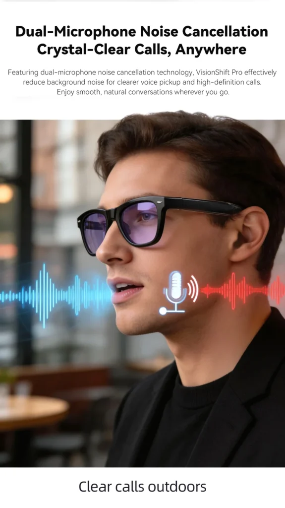 Muž s okuliarmi Rogbid VisionShift Pro v propagačnej ilustrácii telefonovania
