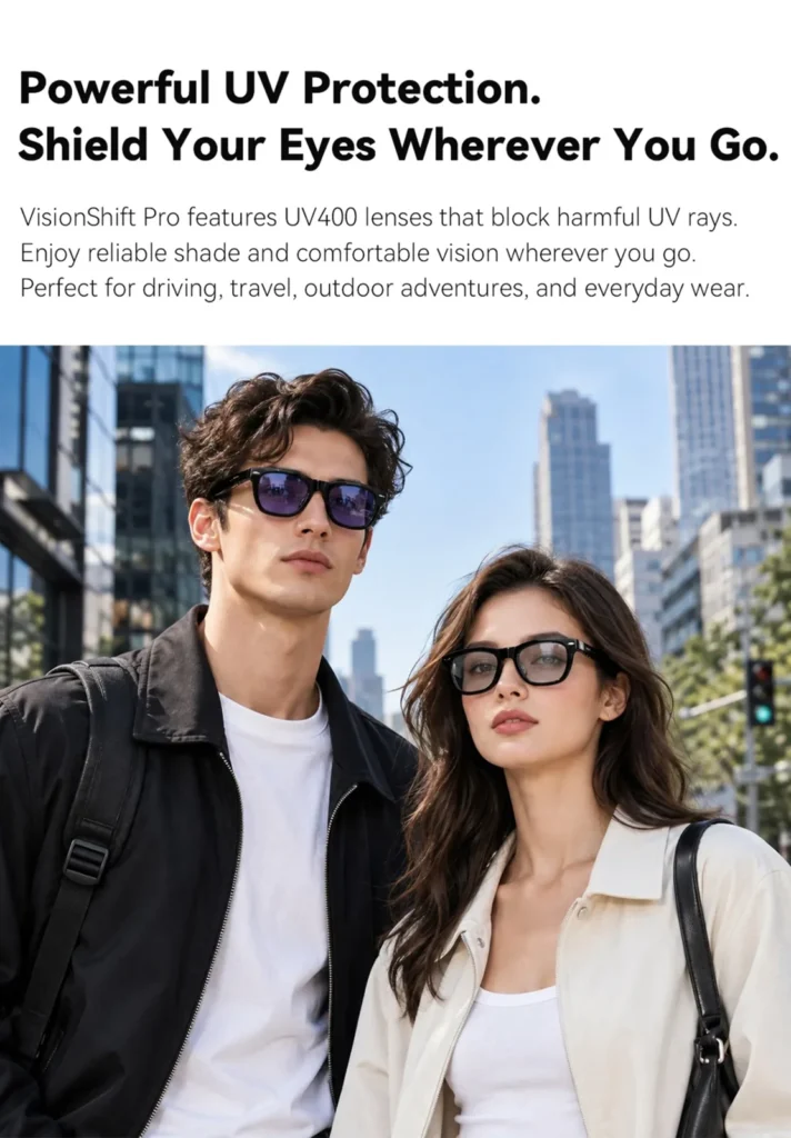 Muž a žena s okuliarmi Rogbid VisionShift Pro v mestskom prostredí