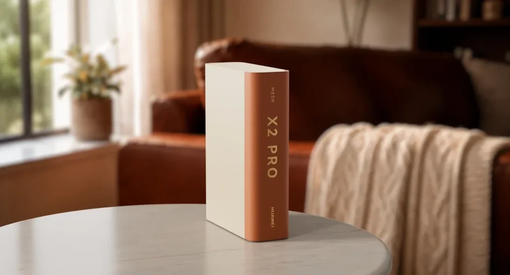 Huawei Router X2 Pro s hnedým krytom v obývačke