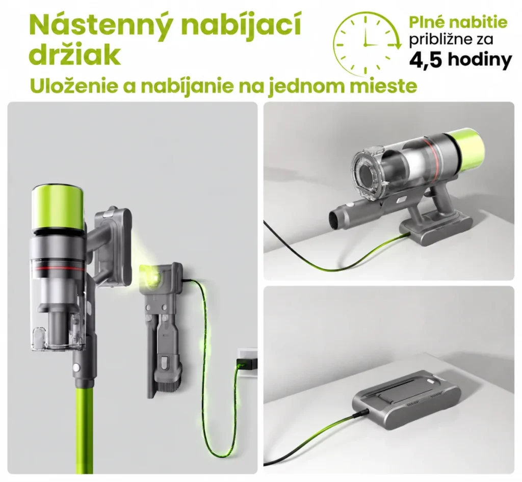 Nástenný nabíjací držiak vysávača SmartAi a nabíjanie odnímateľnej batérie