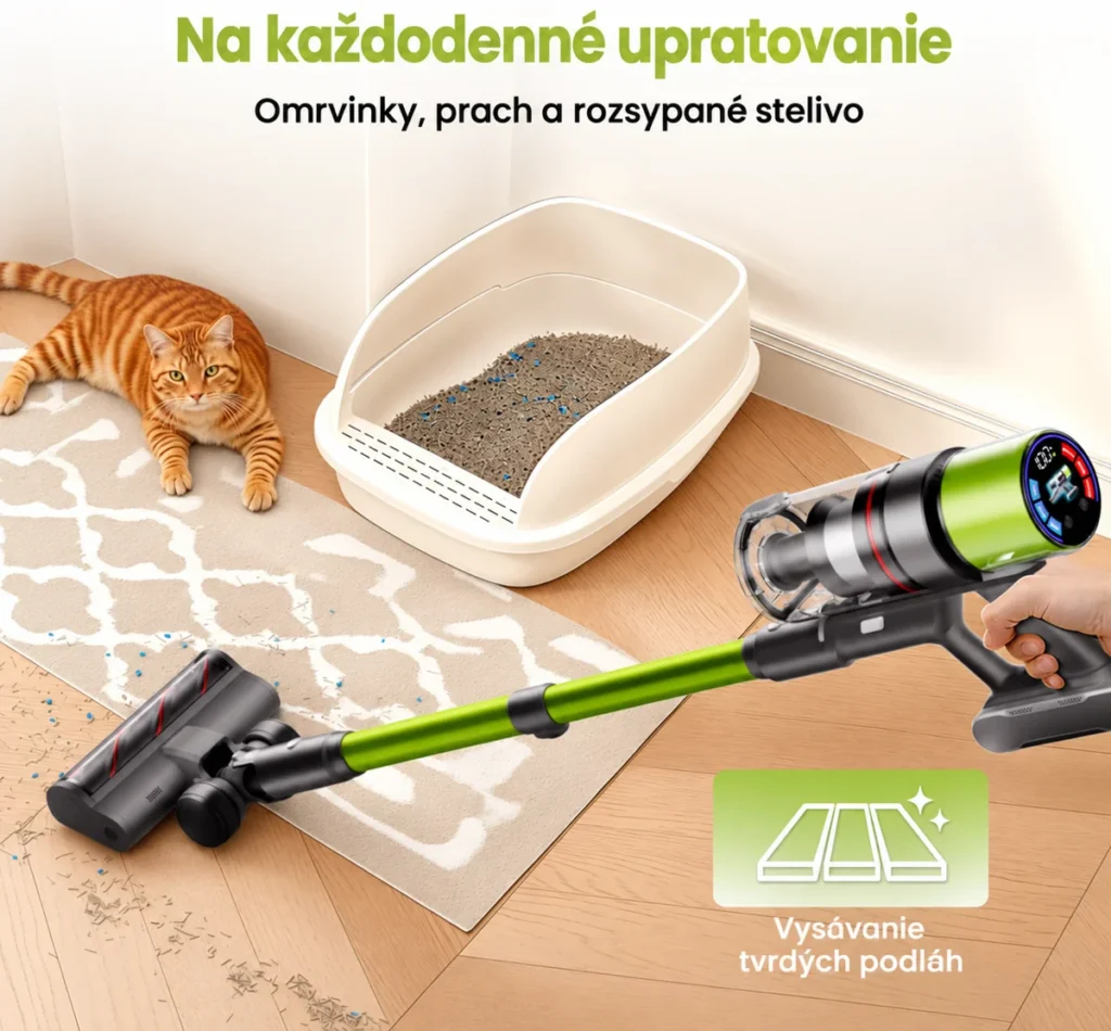 Vysávač SmartAi pri upratovaní rozsypaného steliva na podlahe