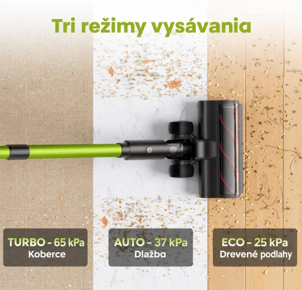 Tri režimy vysávača SmartAi: ECO 25 kPa, AUTO 37 kPa a TURBO 65 kPa