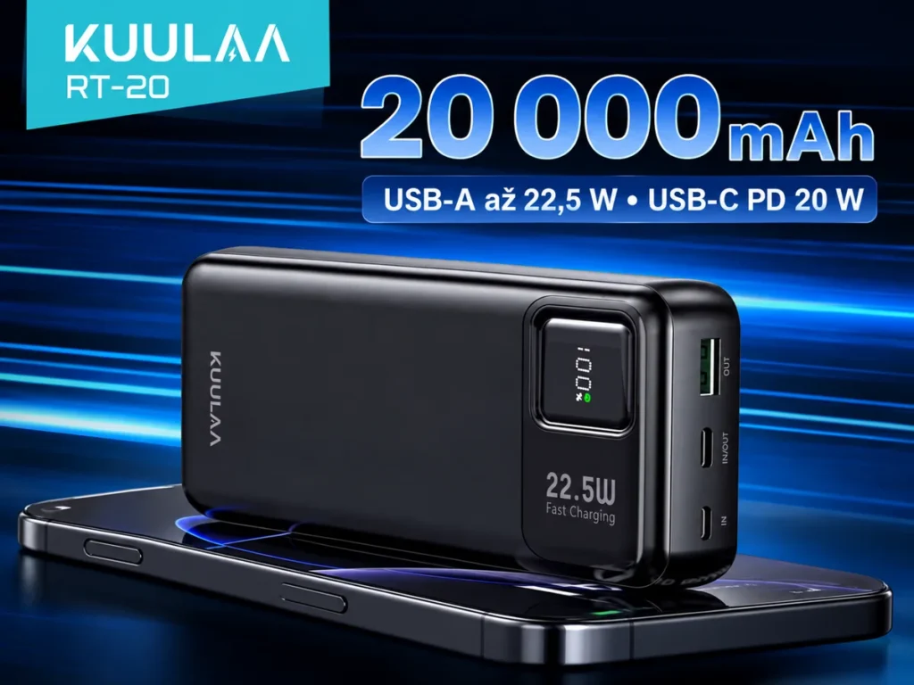 USB-A podporuje až 22,5 W, USB-C PD do 20 W.