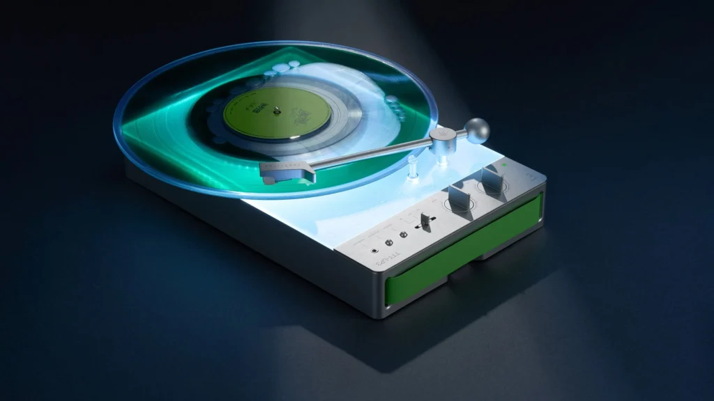 Podsvietený gramofón Trettitre LP3 s priehľadnou vinylovou platňou