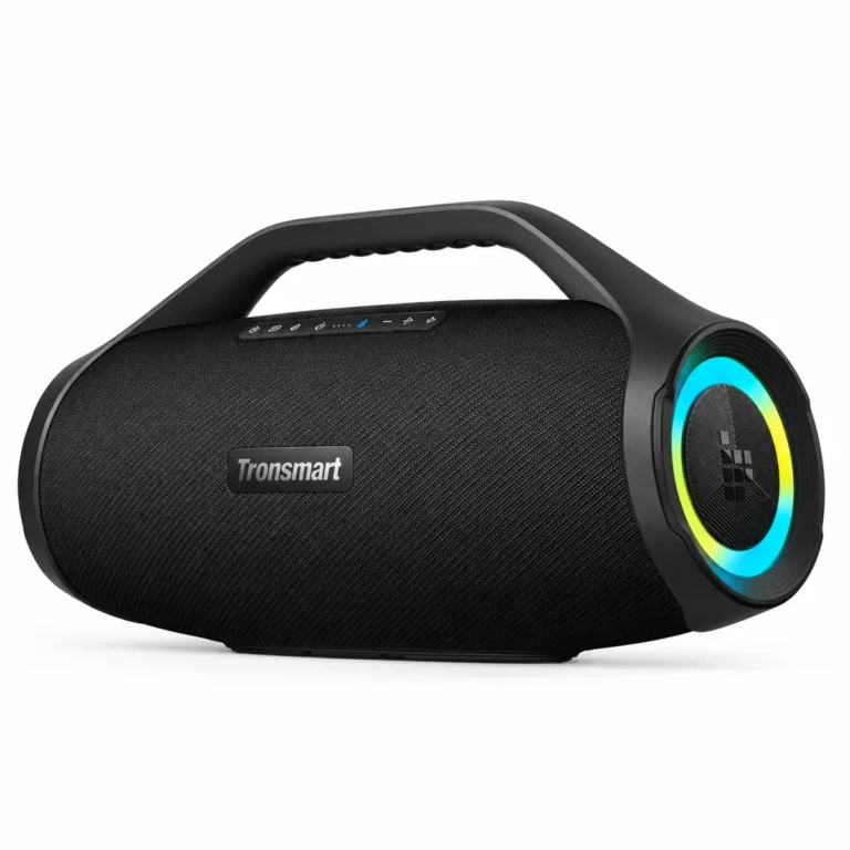 Čierny párty reproduktor Tronsmart Bang 2 Max s integrovanou rukoväťou a RGB osvetlením na bielom pozadí.