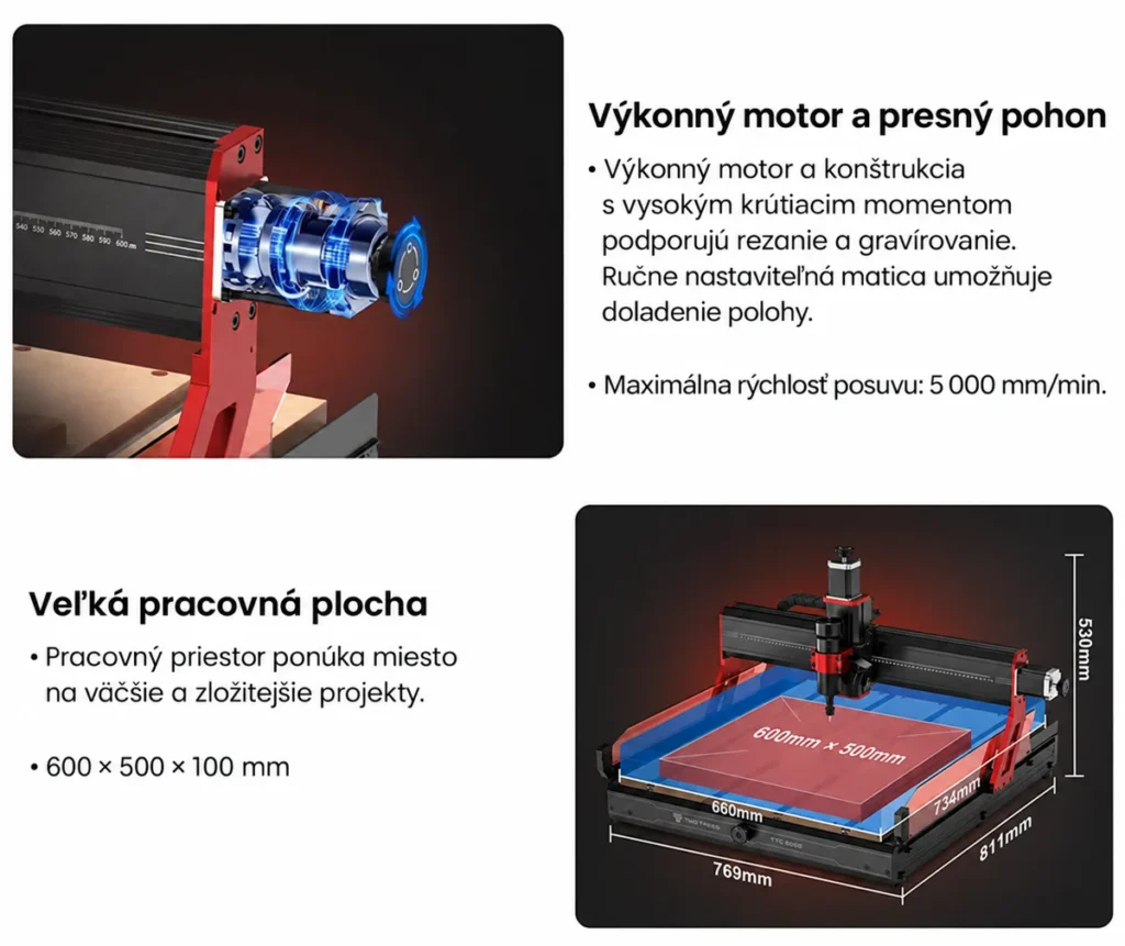 Pracovný priestor TwoTrees TTC6050 s rozmermi 600 × 500 × 100 mm