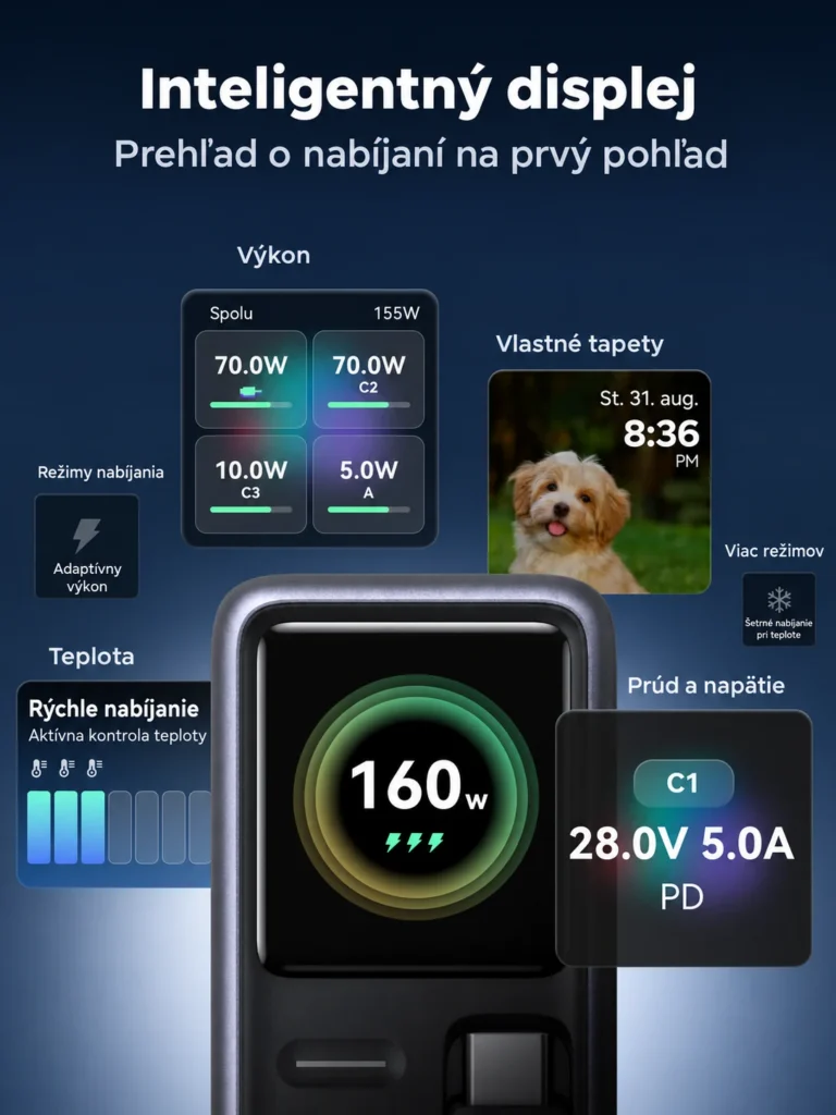Displej s údajmi o výkone, teplote, napätí a prúde
