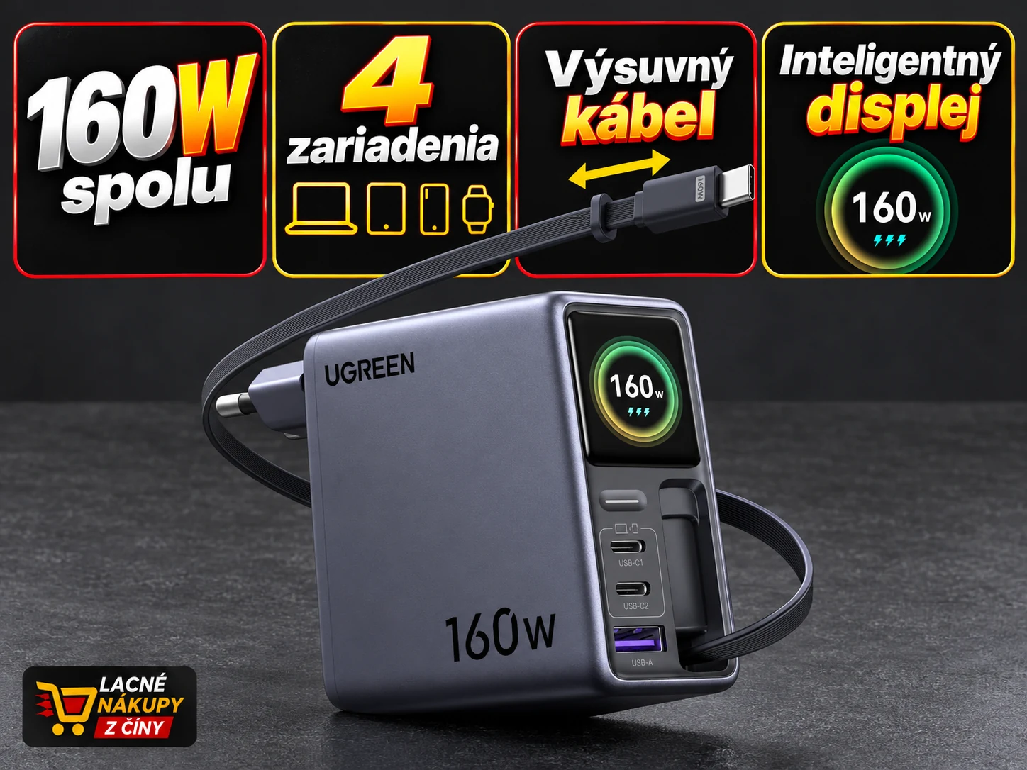 UGREEN Nexode Pro 160 W s výsuvným USB-C káblom a displejom
