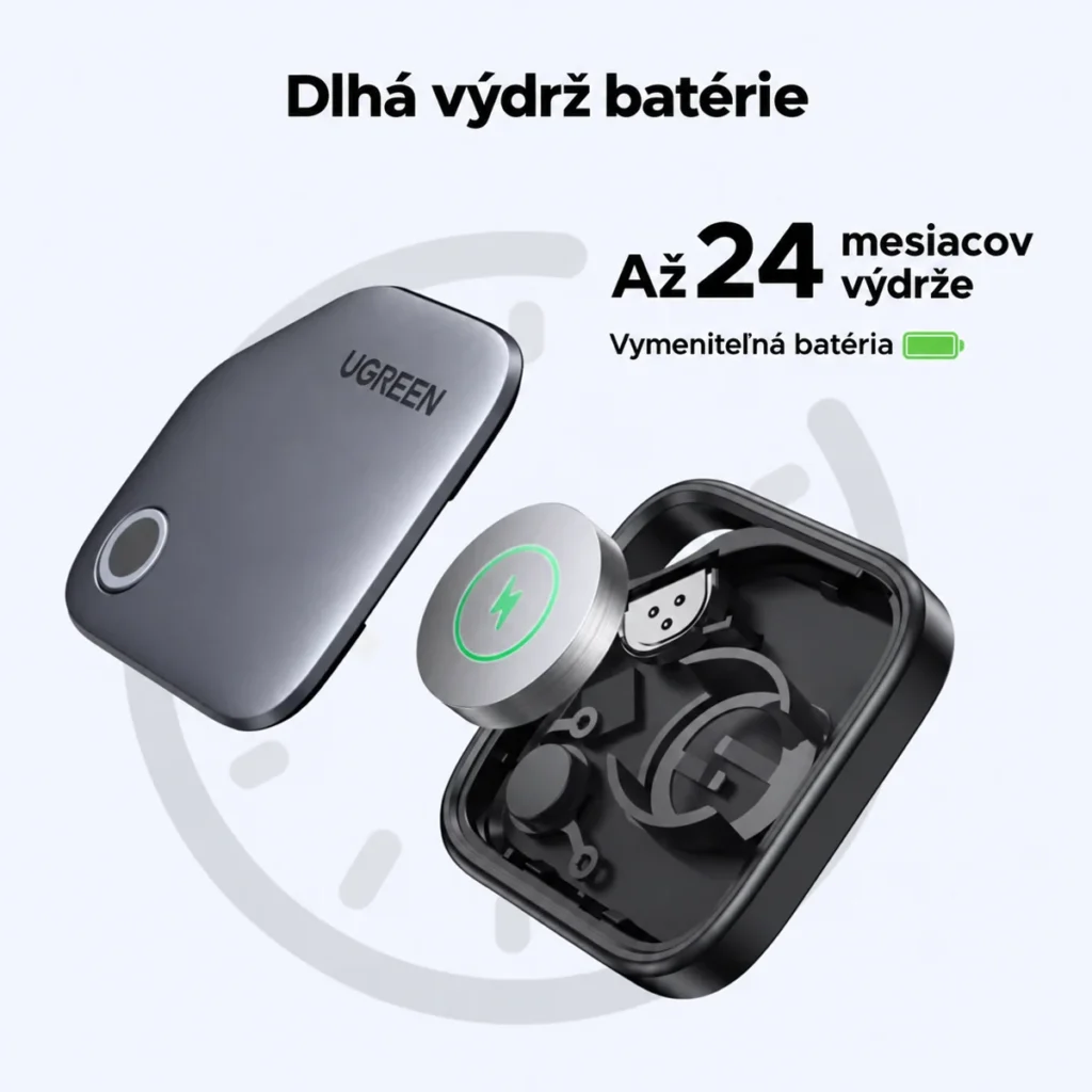 Otvorený UGREEN Smart Finder s vymeniteľnou batériou a údajom o výdrži až 24 mesiacov.