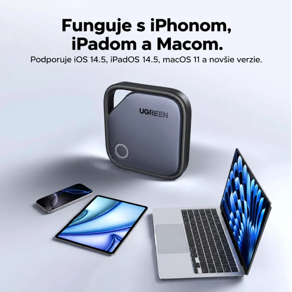 UGREEN Smart Finder s iPhonom, iPadom a Macom a slovenským popisom kompatibility.