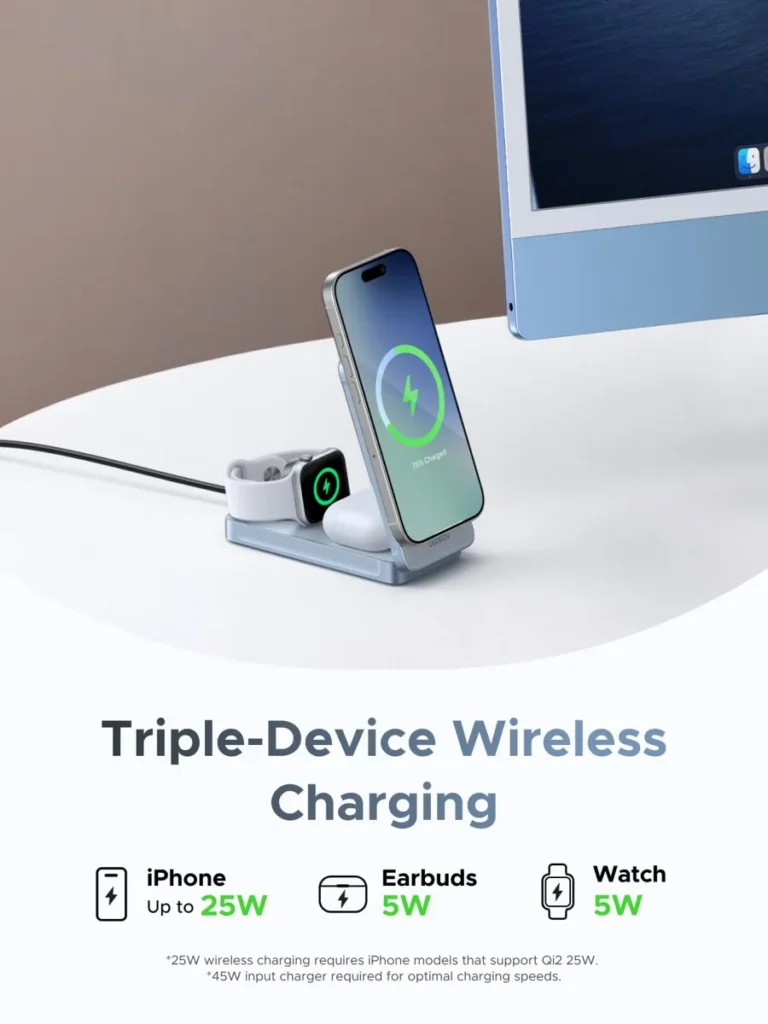 UGREEN MagFlow 3 v 1 pri nabíjaní iPhonu, Apple Watch a bezdrôtových slúchadiel