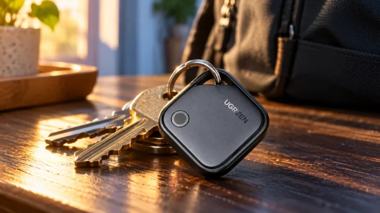 UGREEN Smart Finder na zväzku kľúčov s batohom v pozadí.