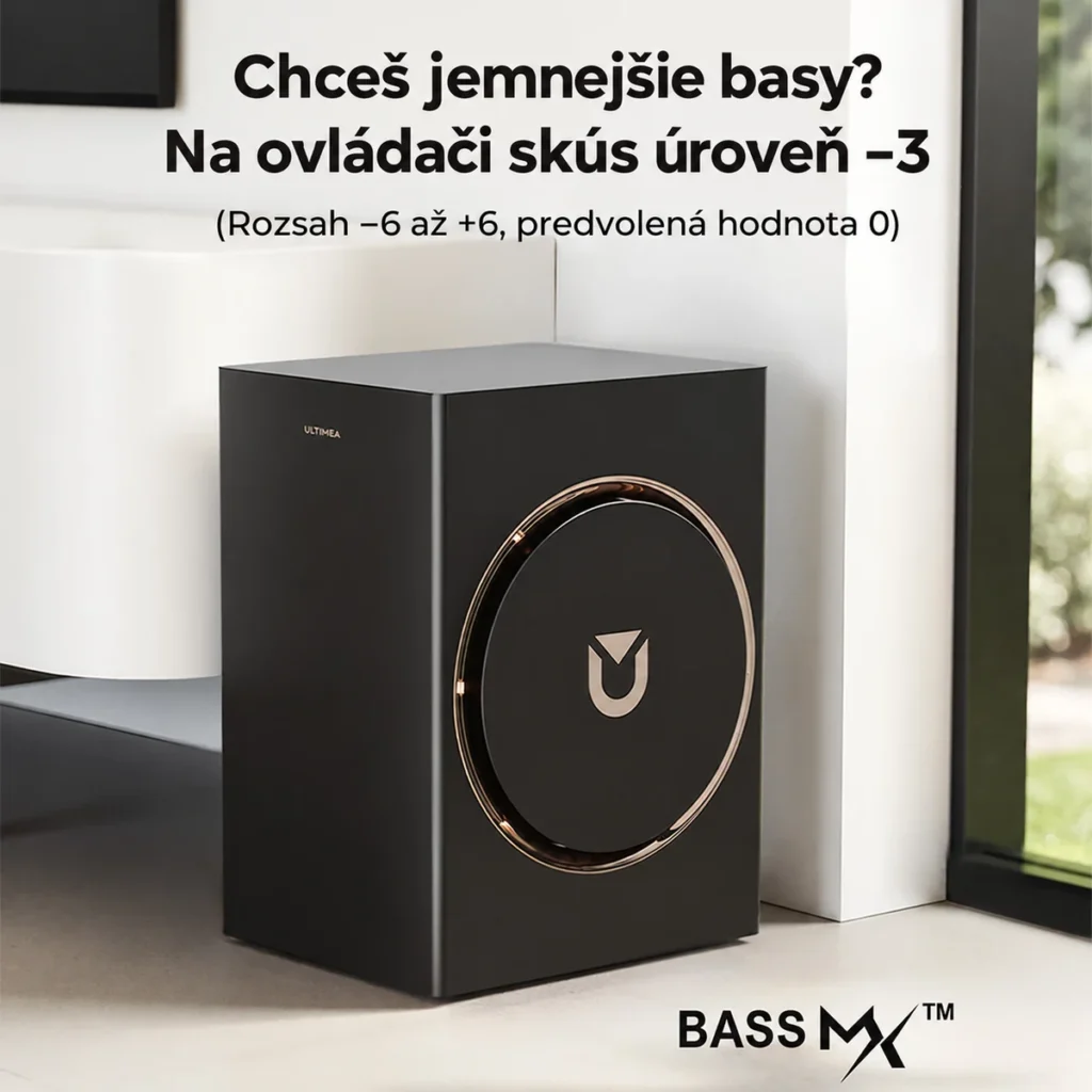 Subwoofer ULTIMEA F40 Boom s nastavením basov v rozsahu −6 až +6.
