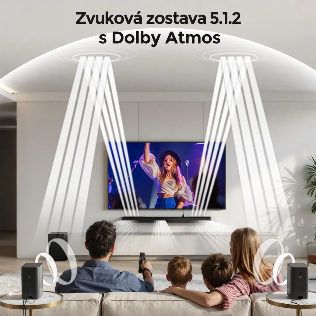 Rodina sleduje televízor so zostavou ULTIMEA F40 Boom a ilustráciou priestorového a výškového zvuku.