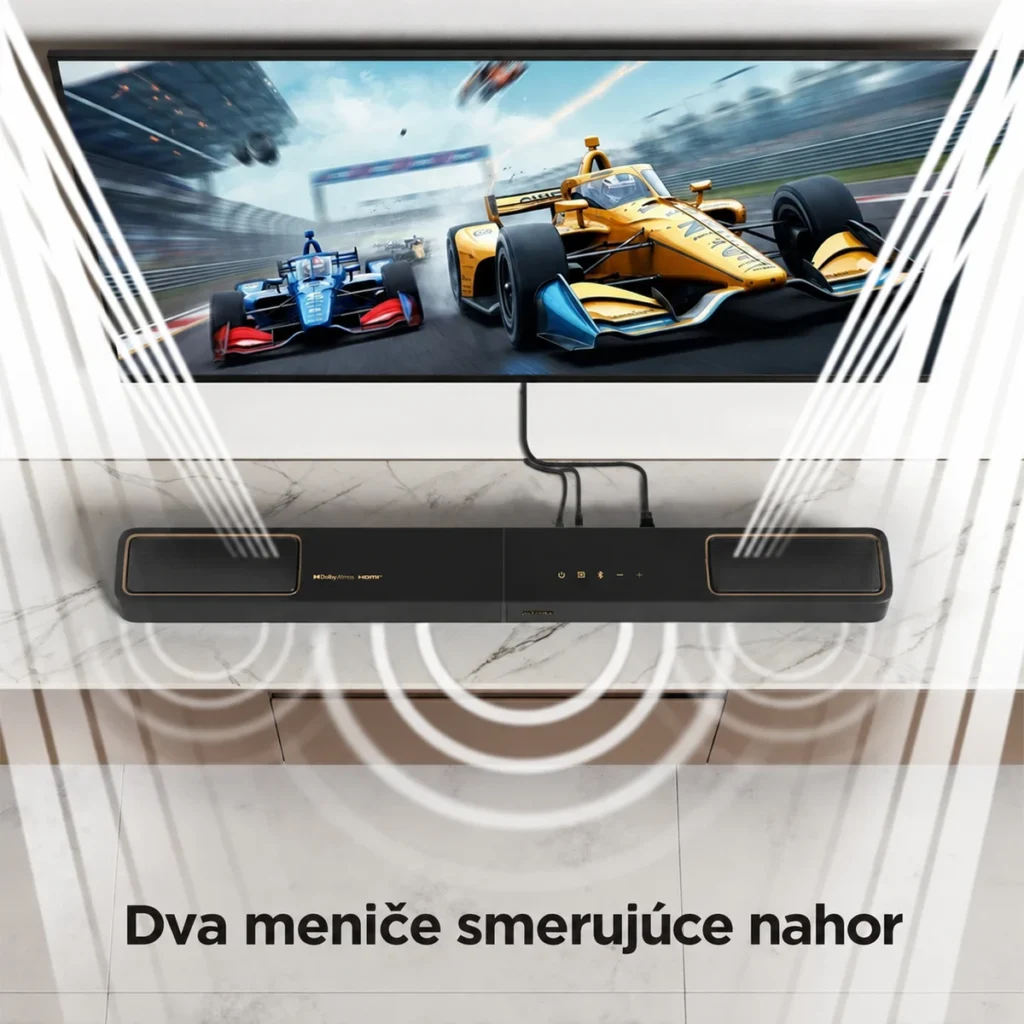 Dvojica meničov smerujúcich nahor na soundbare ULTIMEA F40 Boom s ilustráciou šírenia zvuku.