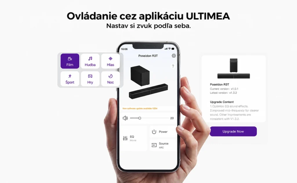 Telefón s aplikáciou ULTIMEA a šesť zvukových režimov pre Poseidon R3T.
