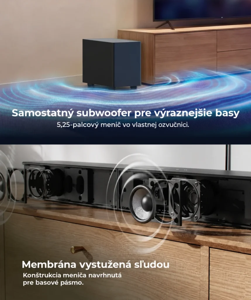 Bezdrôtový subwoofer ULTIMEA s 5,25-palcovým meničom a ilustrácia konštrukcie reproduktorov.