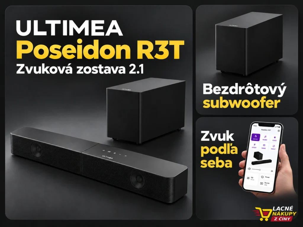 Soundbar ULTIMEA Poseidon R3T, bezdrôtový subwoofer a ovládanie aplikáciou v troch dlaždiciach.